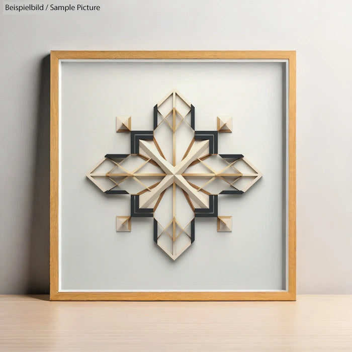 Framed geometric wall art with intersecting lines and patterns in neutral colors, on a wooden tabletop.