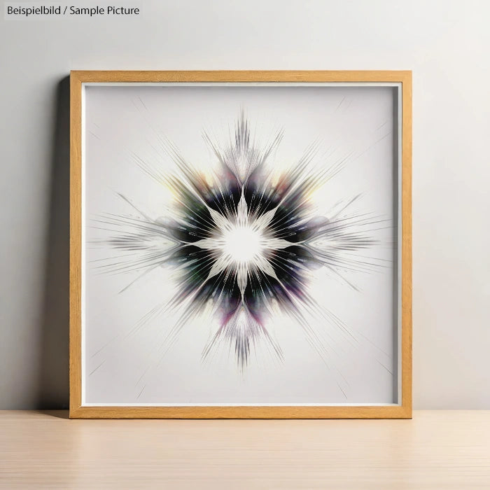 Framed abstract artwork with radial, starburst design on light background, displaying soft shades of black and white.