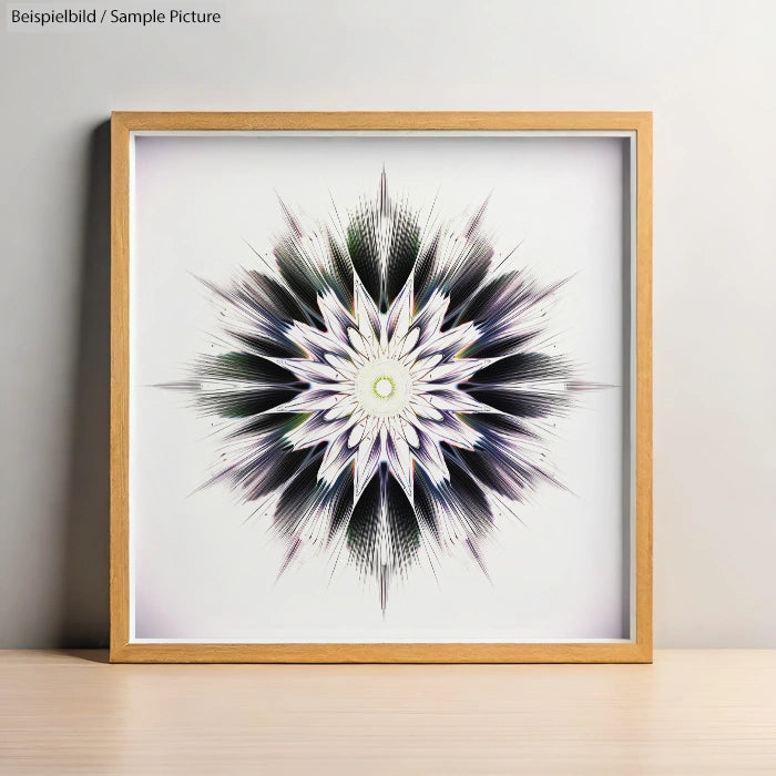 Framed geometric art print with intricate symmetrical patterns in black, white, and purple hues on a wooden shelf.