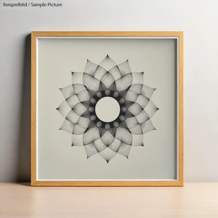 Intricate black geometric mandala design framed and hung on a simple wall, featuring symmetrical patterns and a central circle.