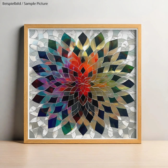 Framed mosaic art with colorful overlapping leaf shapes forming a vibrant, symmetrical floral pattern.