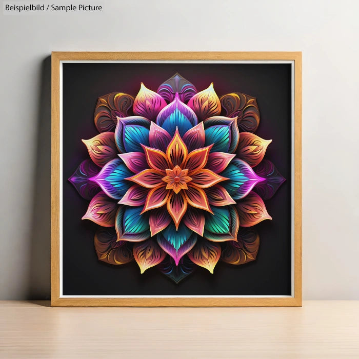 Framed vibrant mandala art with layered colorful petals and dark background, hanging on a light wall.