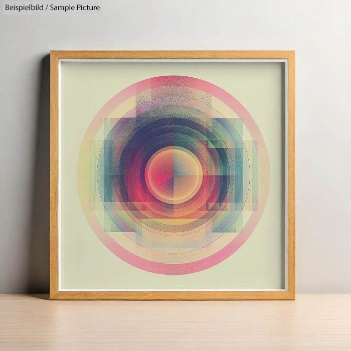 Abstract geometric print with layered circles in pink, green, and blue, framed in light wood against a neutral wall.