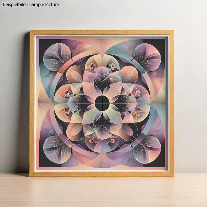 Framed geometric artwork with gradient petals and circular patterns in pastel colors, displayed on a light background.