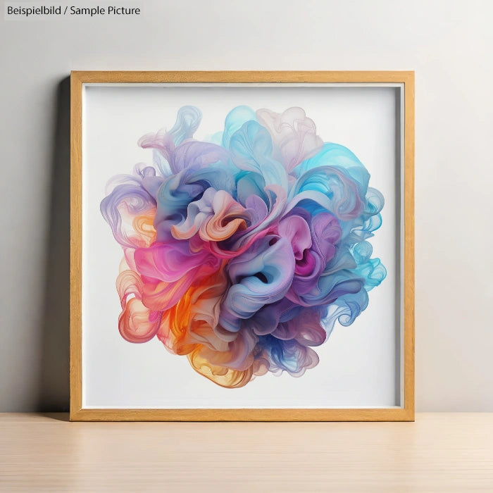 Framed abstract artwork with swirling vibrant colors including blue, pink, and orange on a white background.