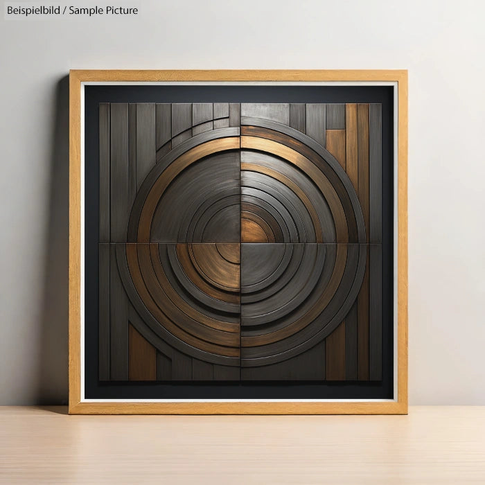 Framed abstract artwork with concentric circles in wood tones, displayed on a wooden table against a light wall.