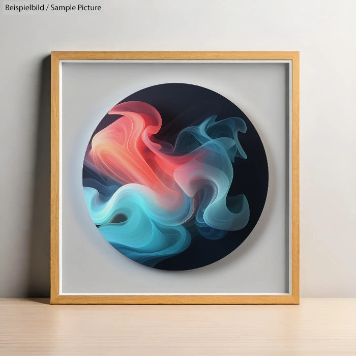 Framed abstract artwork with swirling red, blue, and white colors on a circular canvas against a neutral wall.