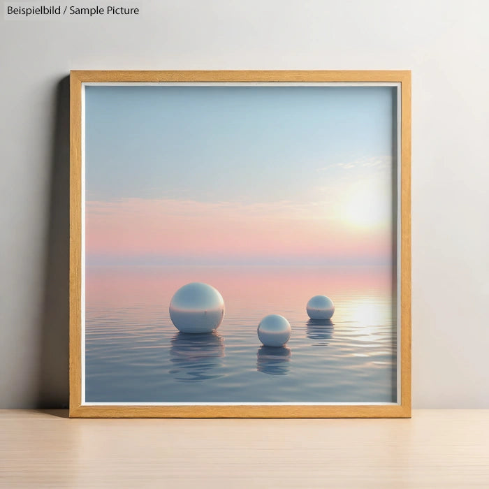 Serene water scene with three floating spheres reflecting soft pink and blue sunset hues.