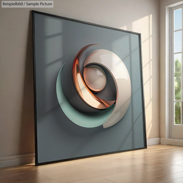 3D abstract art with intertwined metallic swooshes in a frame against a sunlit wall.