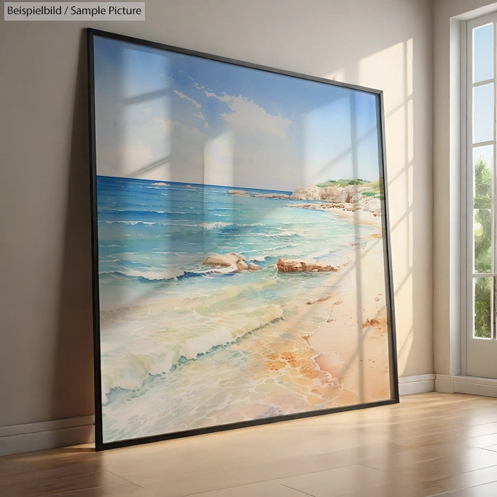 Framed beach painting with waves and cliffs leaning against a sunlit wall.