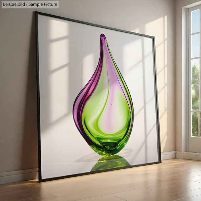 Framed artwork of a green and purple abstract glass sculpture in a sunlit room.