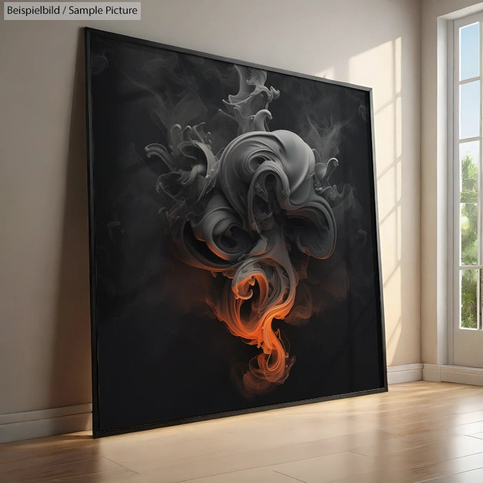 Abstract artwork with swirling black, gray, and orange shapes, displayed in a sunlit room with a large window.