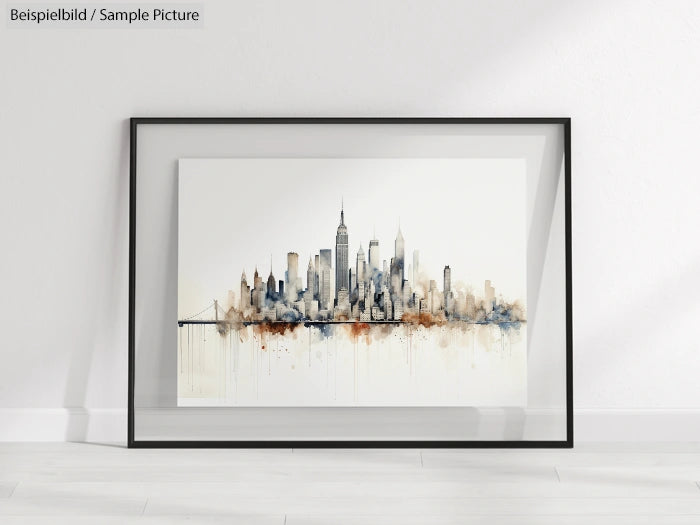 Framed watercolor painting of a city skyline with a bridge, displayed against a light-colored wall.