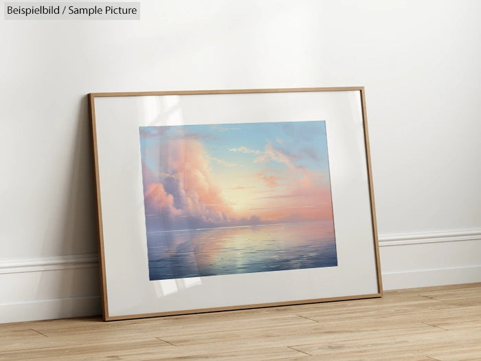 Framed sunset painting leaning against a white wall on a hardwood floor.