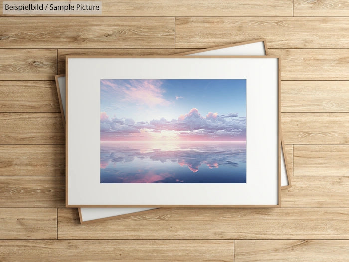 Framed painting of a serene sunset over a calm sea reflecting clouds, placed on a wooden floor.