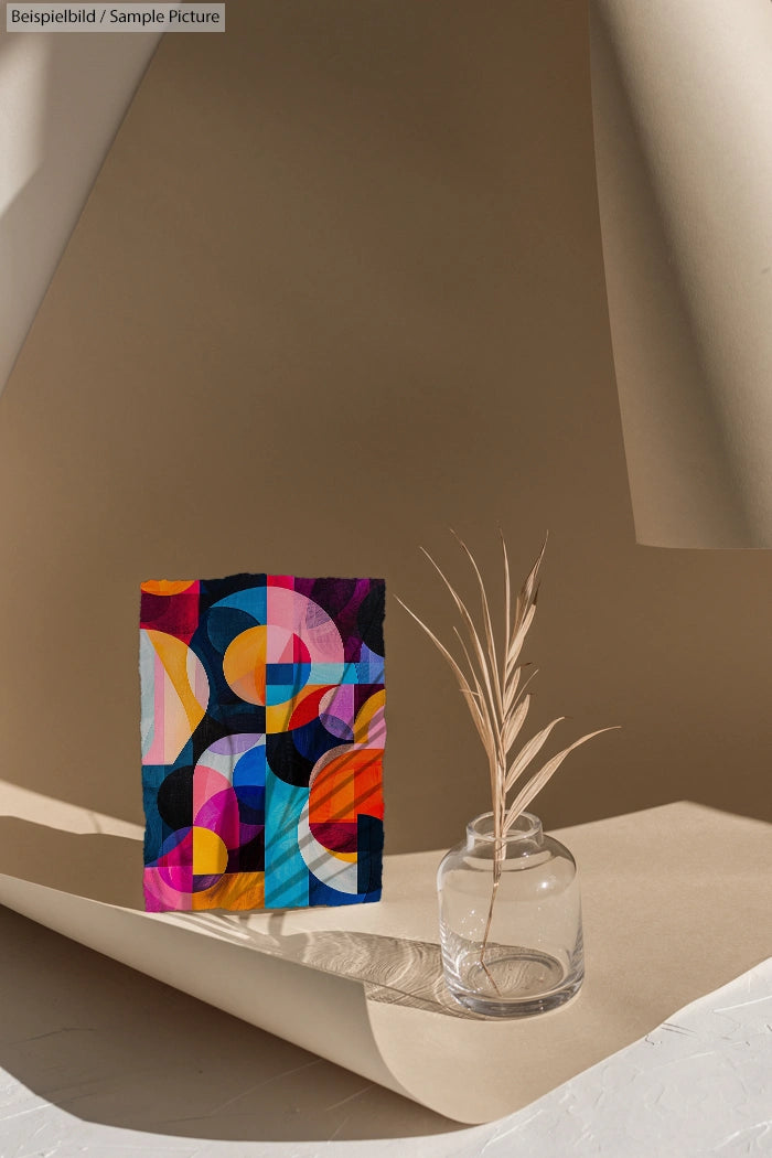 Vibrant abstract painting with geometric shapes on neutral paper backdrop and dried plant in a glass vase.