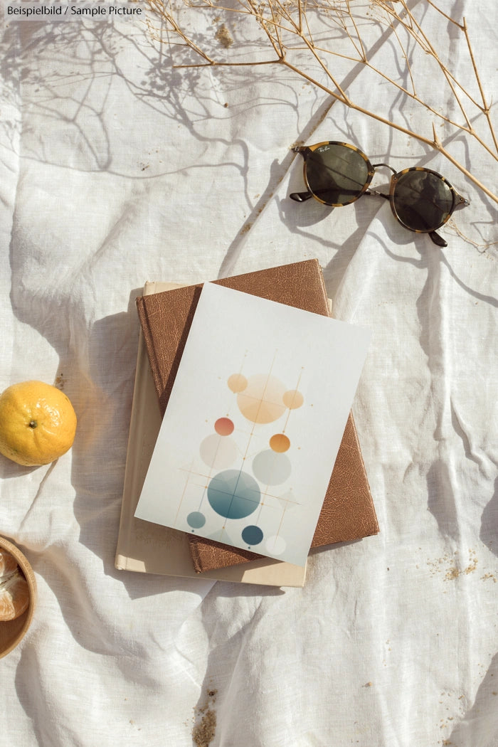 Abstract card on books, sunglasses, lemon, and drink on fabric outdoors, creating a warm, rustic atmosphere.