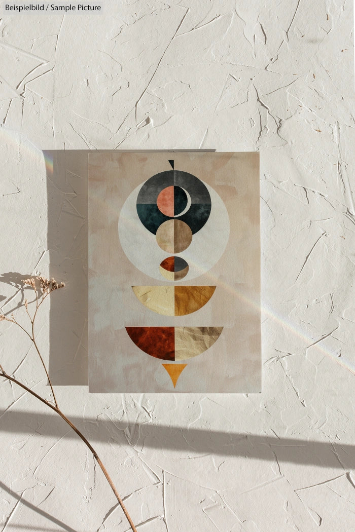 Geometric abstract artwork with circles and semicircles in muted colors, against a textured white wall background.