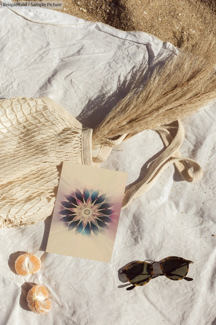 Beach setting with a mandala card, sunglasses, oranges, and a woven bag on a white cloth.