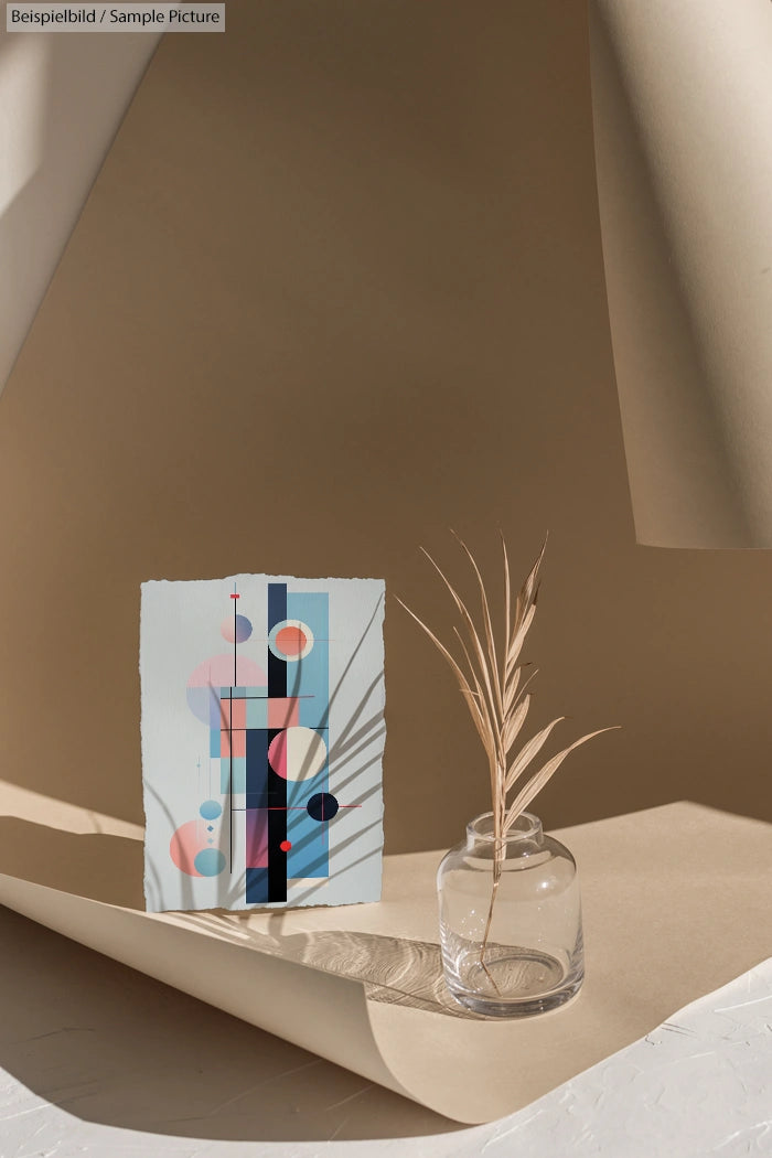 Abstract geometric artwork with circles and lines on paper, placed against a neutral backdrop with a glass vase and dried plant.