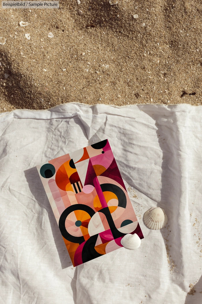 Colorful abstract art on a card placed on a sandy beach, accompanied by seashells and a white cloth.