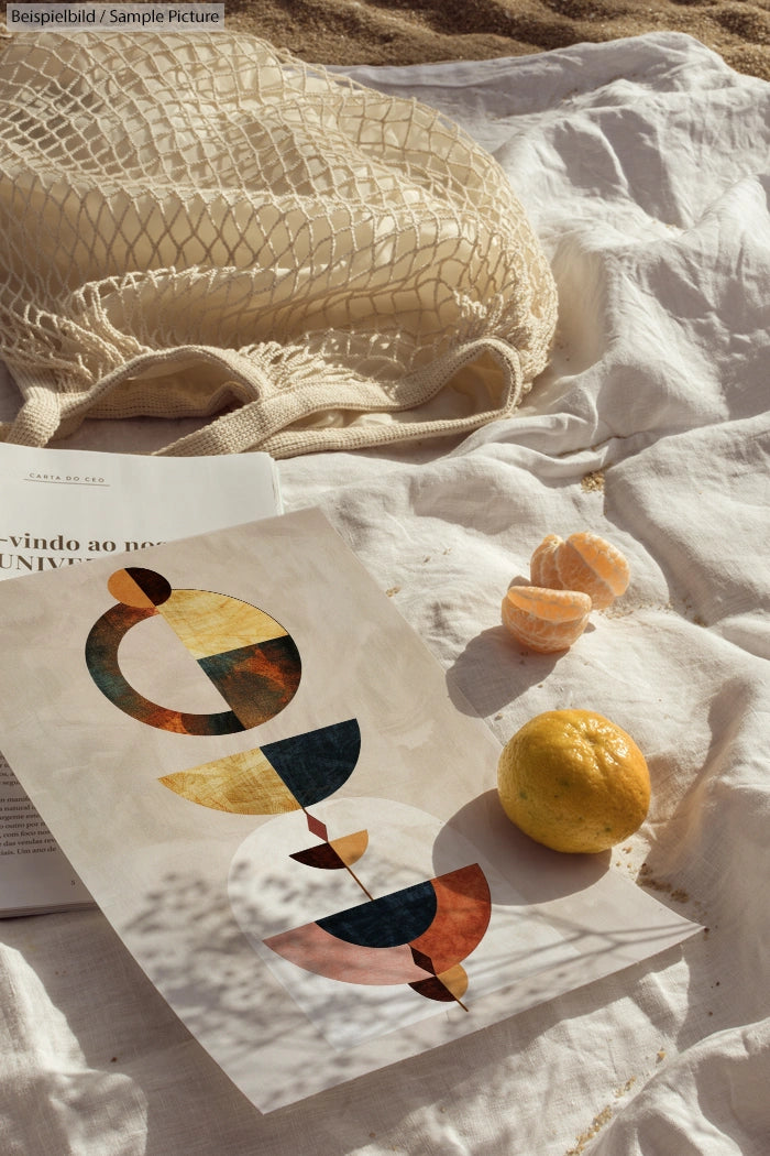 Abstract art print on blanket with lemon, tangerine slices, and mesh bag on sandy beach.