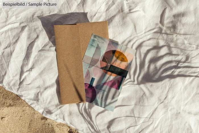 Blank brown card and abstract geometric postcard on white fabric with artistic shadows.