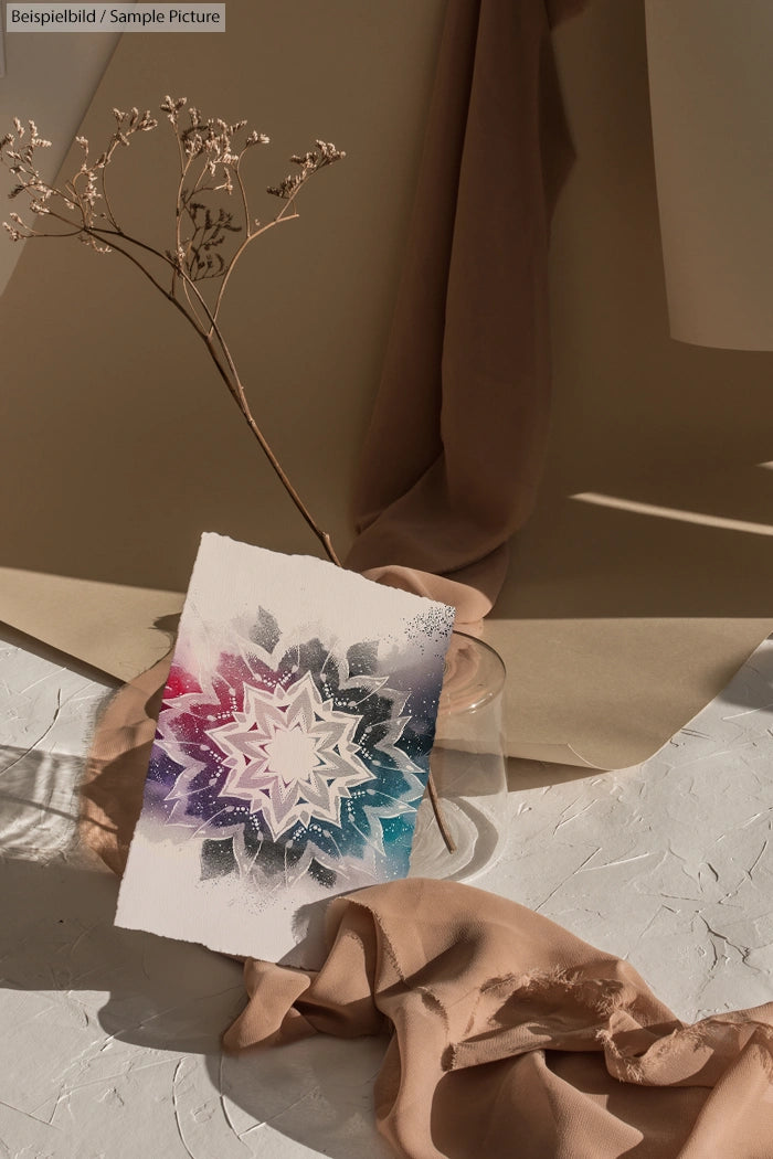 Artistic card with a colorful mandala design, displayed against a neutral fabric backdrop with dried plant.