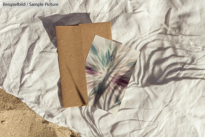 Abstract floral card on envelope placed on crumpled fabric with shadow patterns.