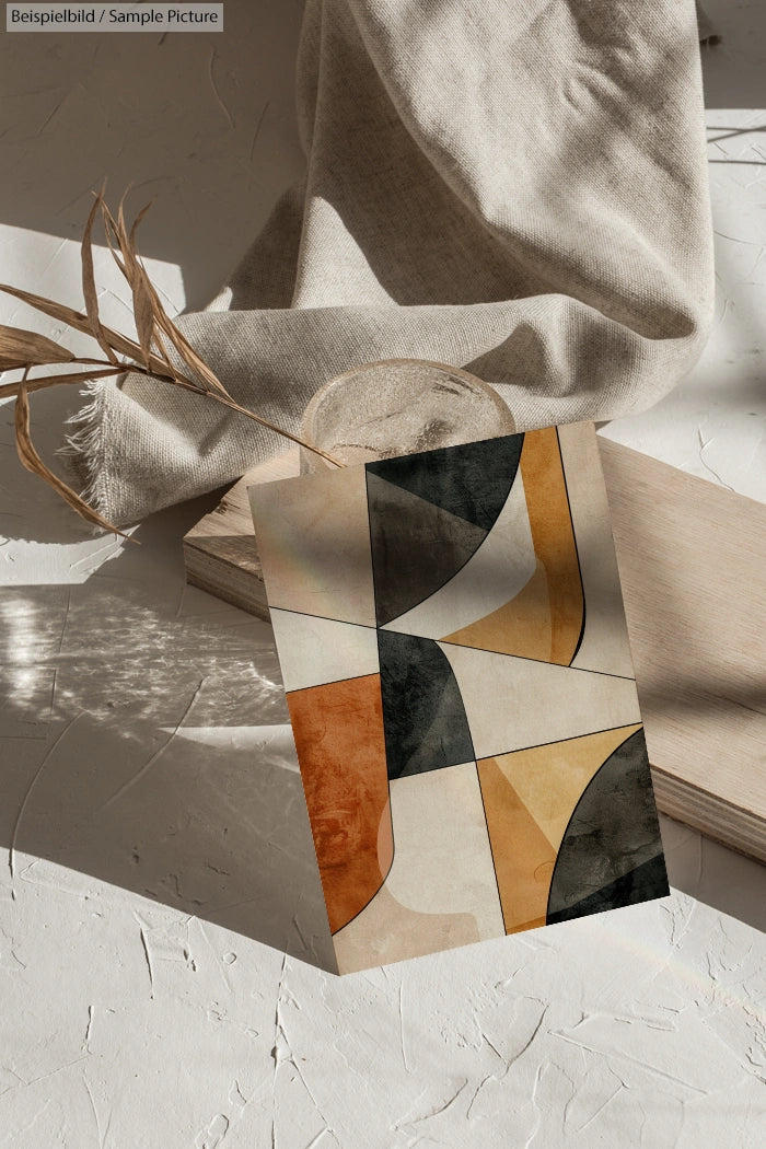 Abstract geometric artwork on paper with curved shapes and earth tones, placed on textured surface with fabric and wooden board.