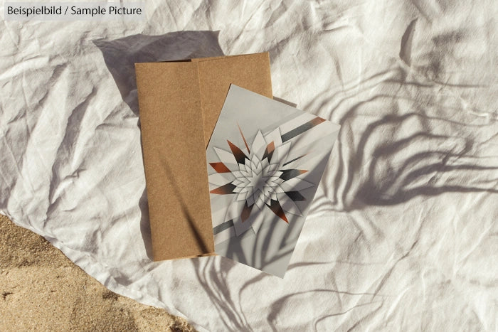 Greeting card with geometric flower on a sandy surface, next to a brown envelope on white fabric.