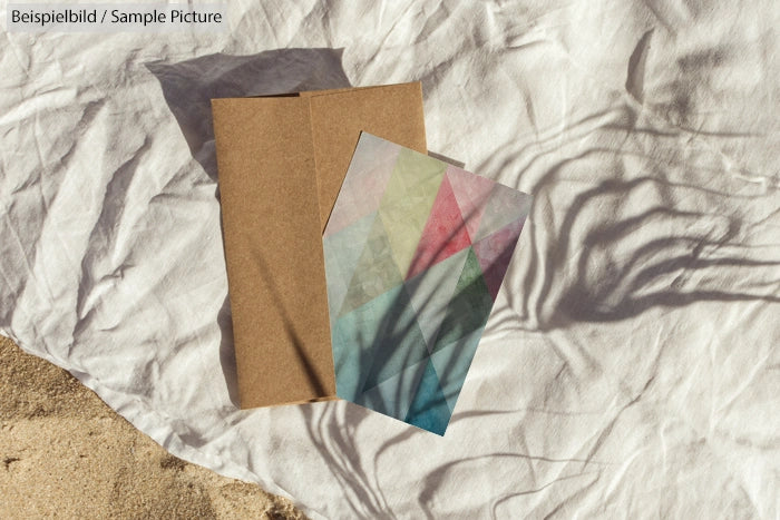 Envelope with geometric patterned card on wrinkled white fabric, shadows cast on sand background.