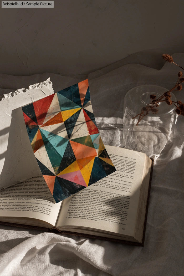 Colorful geometric artwork leaning against open book on fabric surface, with dried plant in glass nearby.