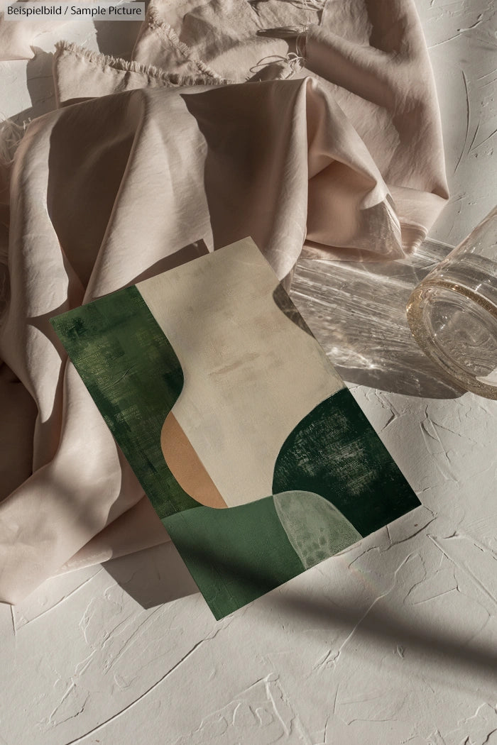 Abstract green and cream artwork on a textured surface with crumpled beige fabric in soft natural light.