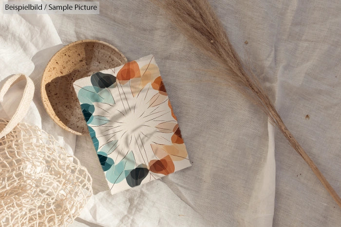 A card with abstract geometric design on fabric, beside a decorative wicker basket and dried grass.