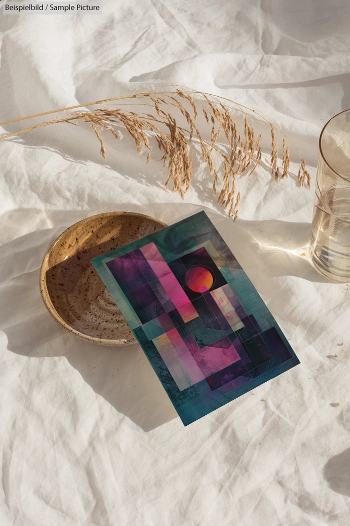 Abstract geometric painting on table with sunlight and dried grass in ceramic vase.