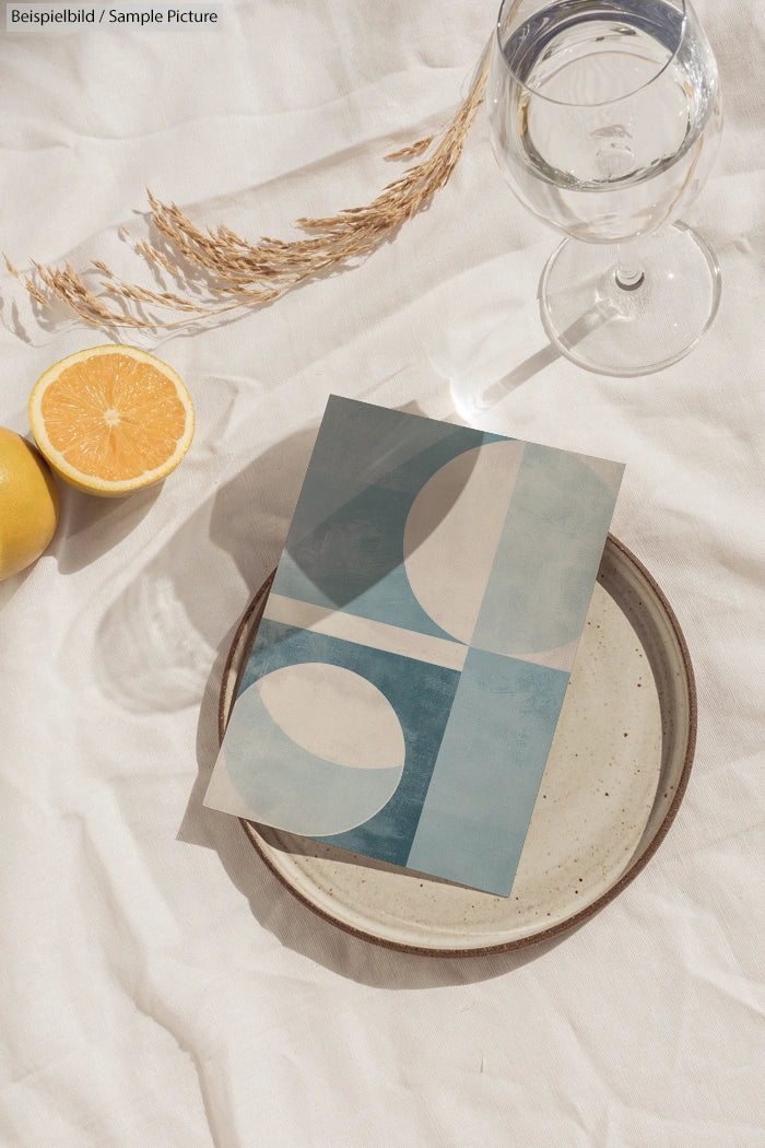 Geometric art print on plate with lemon, orange slice, wine glass, and dried grass on white cloth background.