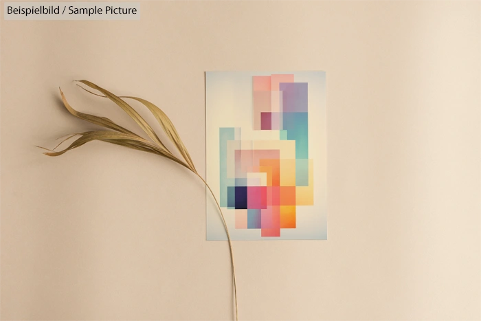 Abstract geometric art with overlapping pastel squares on beige background beside a single dried grass stem.