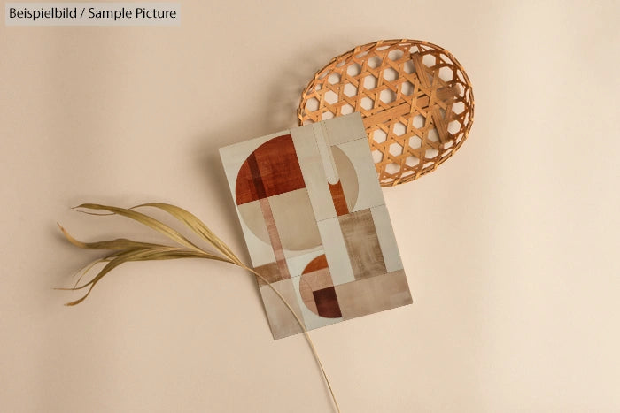 Abstract geometric art with earth tones next to a woven basket and dried plant on a beige background.