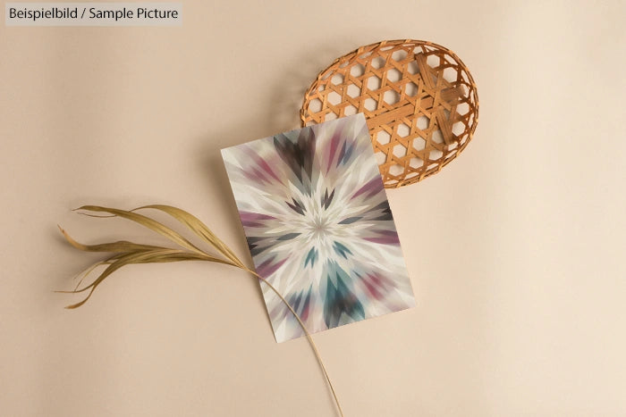 Abstract kaleidoscope art print on beige surface with decorative woven basket and dried plant.