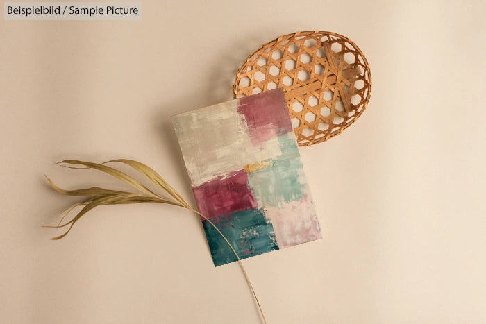 Abstract wall art with pastel hues next to a wicker tray and dried leaves on a beige background.