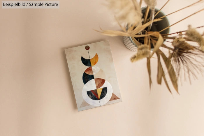 Modern abstract wall art with geometric shapes and earthy tones near dried plants in a vase.