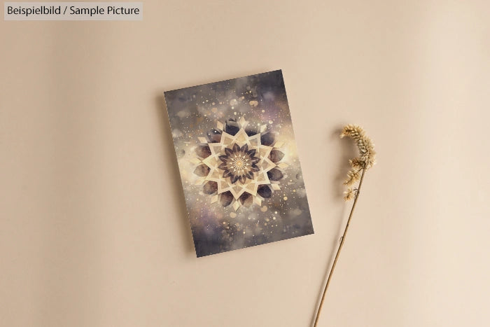 Geometric art print with kaleidoscopic pattern on beige surface, accompanied by a dried stalk of grass.