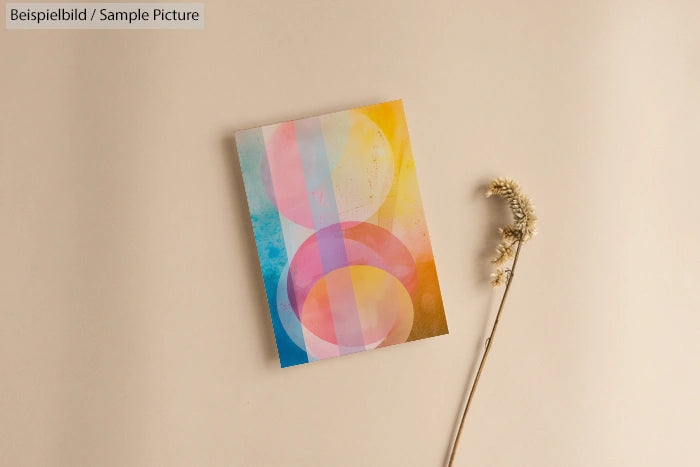 Colorful abstract postcard with overlapping circles next to a dried plant stem on a beige background.