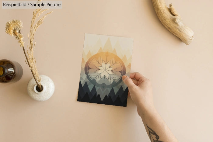 Hand holding geometric art print above beige table with vase and dried flowers.