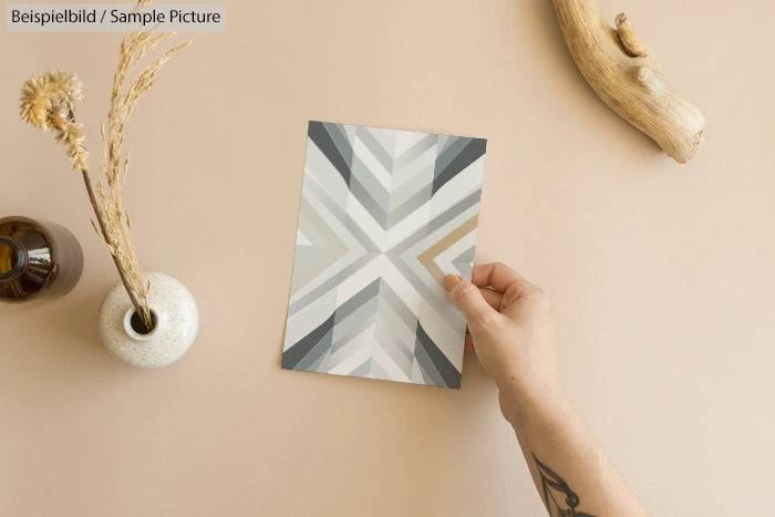 Hand holding geometric patterned card on beige table with dried plants and driftwood decoration.