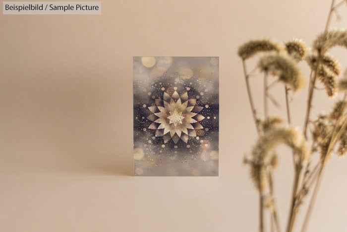 Mandala-style artwork on beige background with dried flowers in foreground.