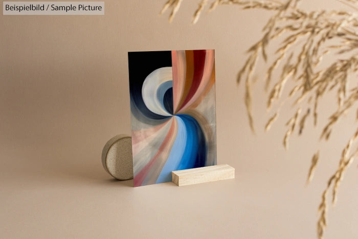 Abstract painting with swirling colors on a minimalist beige background; includes blue, red, and brown hues.