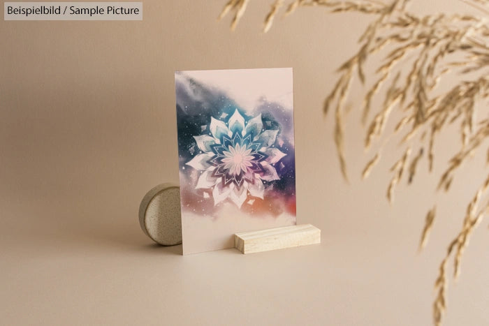 Abstract floral artwork in pastel tones displayed on a wooden stand with dried wheat stalks beside.