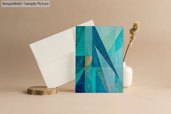 Geometric abstract art in blues on display with a white envelope and a vase with dried flowers on a wooden slab.